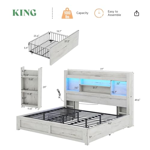 AMERLIFE Queen Bed Frame with 4 Storage Drawers, LED Platform Bed with 49" Bookcase Headboard