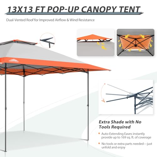 EAGLE PEAK 13x13 Straight Leg Pop Up Canopy Tent Instant Outdoor Canopy Easy Single Person Set up Folding Shelter w/Auto Extending Eaves 169 Square