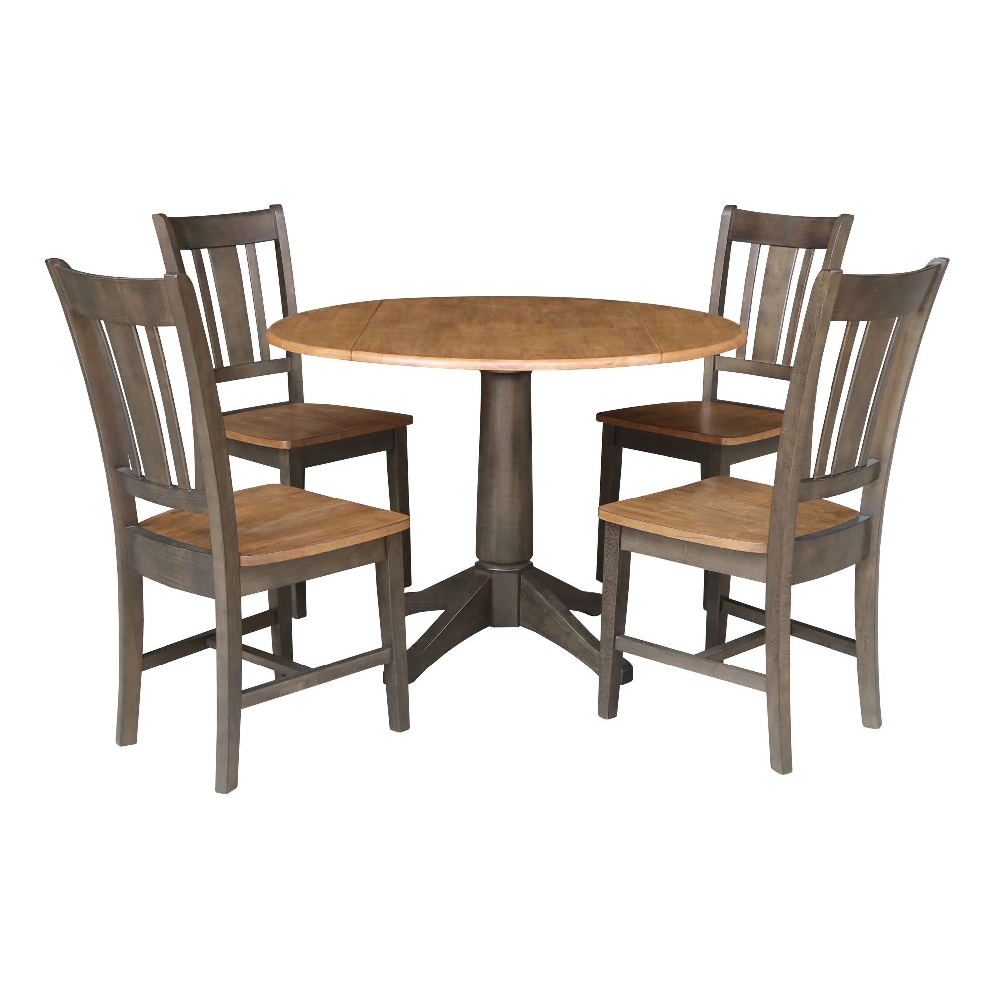 Wood 42 in. Round Drop Leaf Dining Table with 4 Chairs in Hickory/Washed Coal