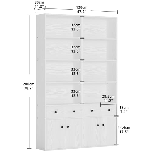 IRONCK 78.7" Bookcase with 4 Drawers and 4 Doors, 6 Tier Large Bookshelf with Storage, Floor Standing Display Storage Shelves