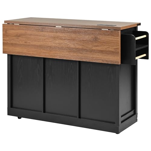 Kitchen Island Cart With Power Outlet, 2 Doors, Drop Leaf, Spice Rack, 2 Drawers - Rolling Storage Cart on Wheels for Home and Dining Room - White