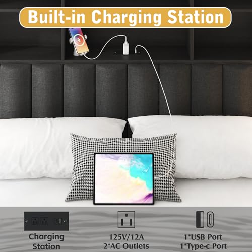 Lifezone Queen Bed Frame with Headboard, Queen Bed Frame with High Storage Bookcase Headboard,4 Storage Drawers & Charging Station & LED