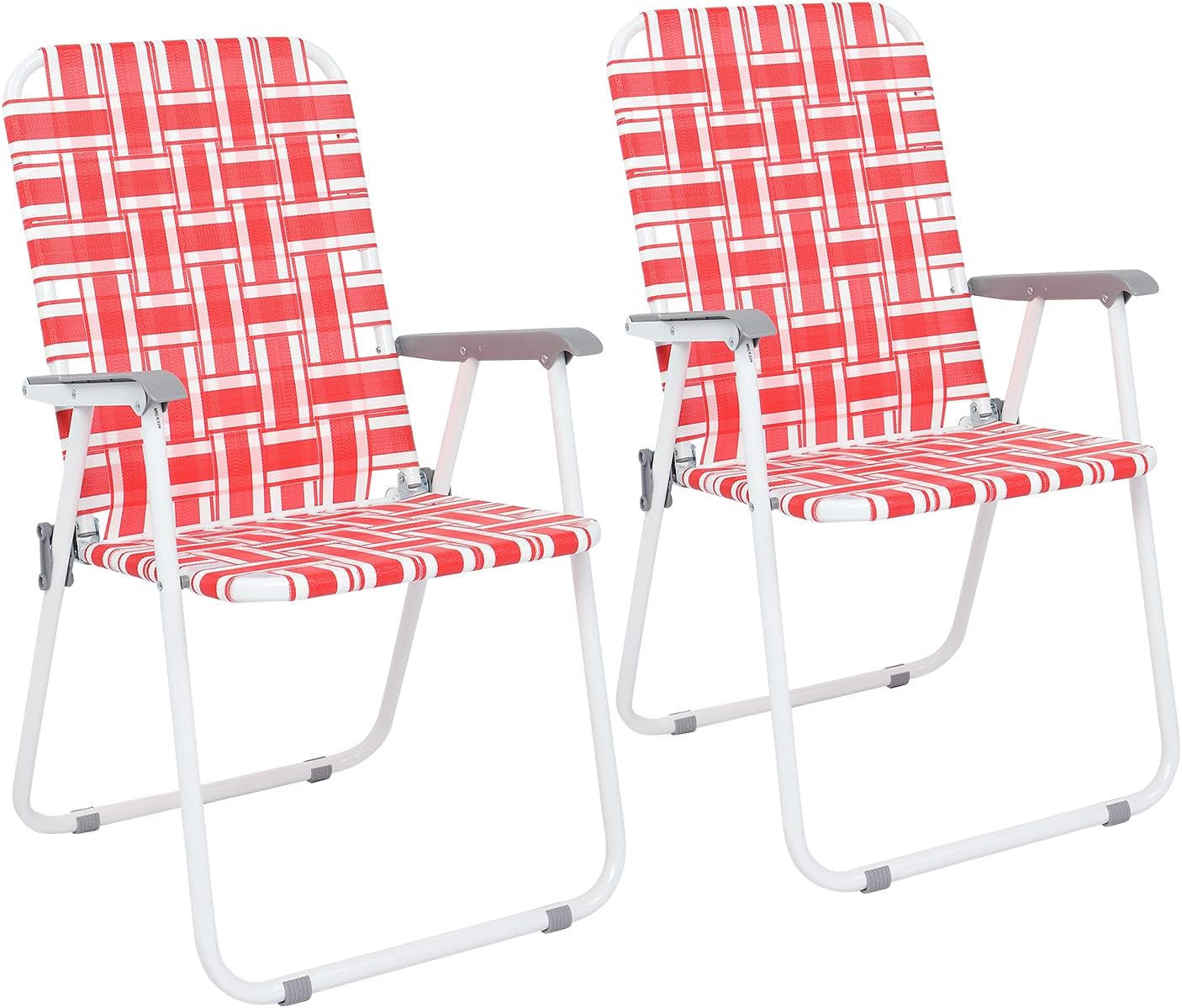 VINGLI Patio Folding Web Lawn Chair Set, 2 Pack Outdoor Beach Chair Portable Camping Chair, Webbed Folding Chair for Yard, Garden (Red)