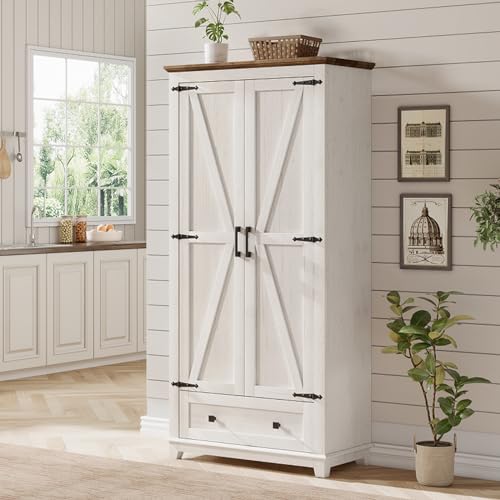 Farmhouse Kitchen Pantry Cabinet, 72" Tall Storage Cabinet with Adjustable Shelves & Barn Doors, Freestanding Kitchen Cupboard for Dining Room