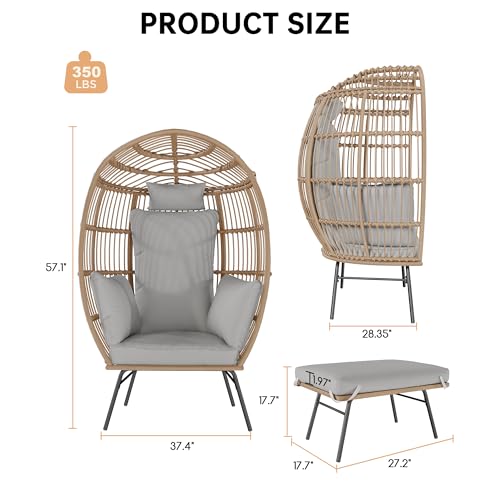 Oversized Wicker Egg Chair with Ottoman, Patio Lounge Chairs with Thick Cushion, Rattan Egg Basket with Steel Frame for Indoor/Outdoor, Porch