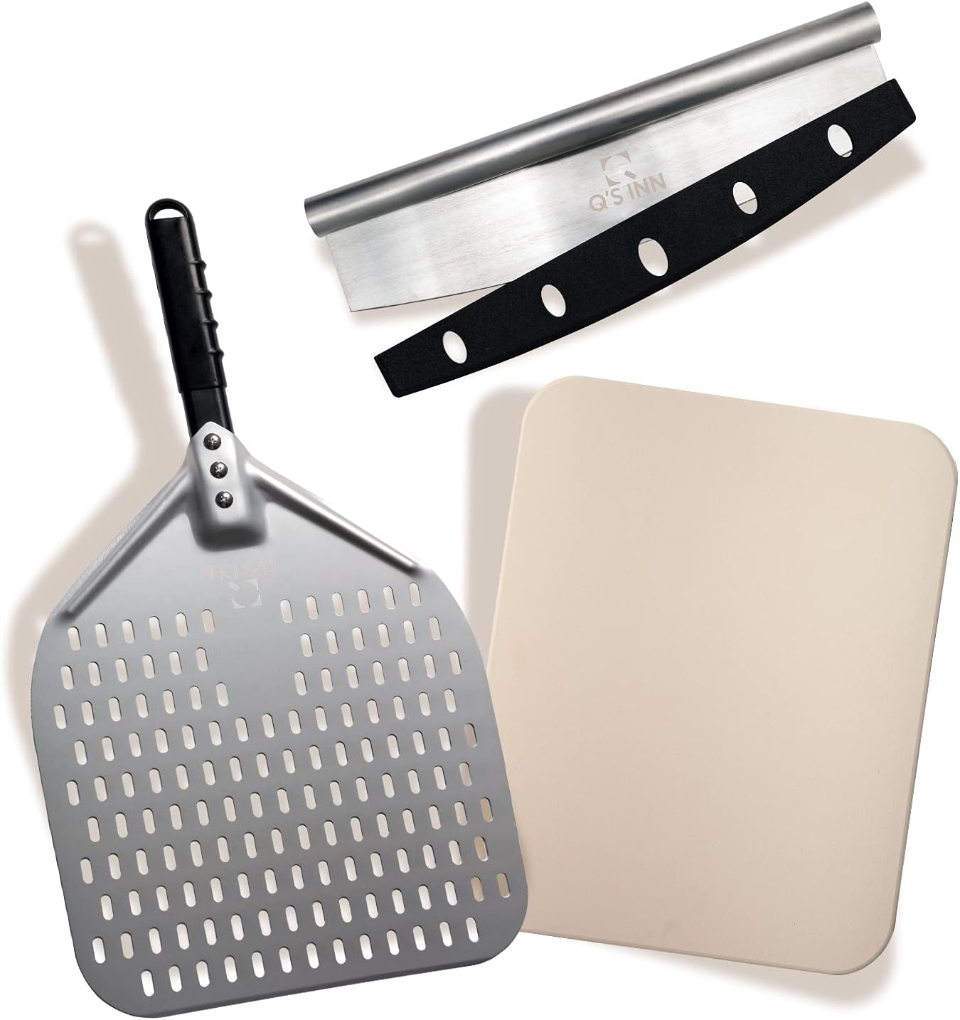 Perforated Pizza Peel 12x14 Inch from Anodized Aluminum Pizza Paddle and Pizza Tuning Peel. The perfect set for your Home Made Pizza by Q's INN. Pack
