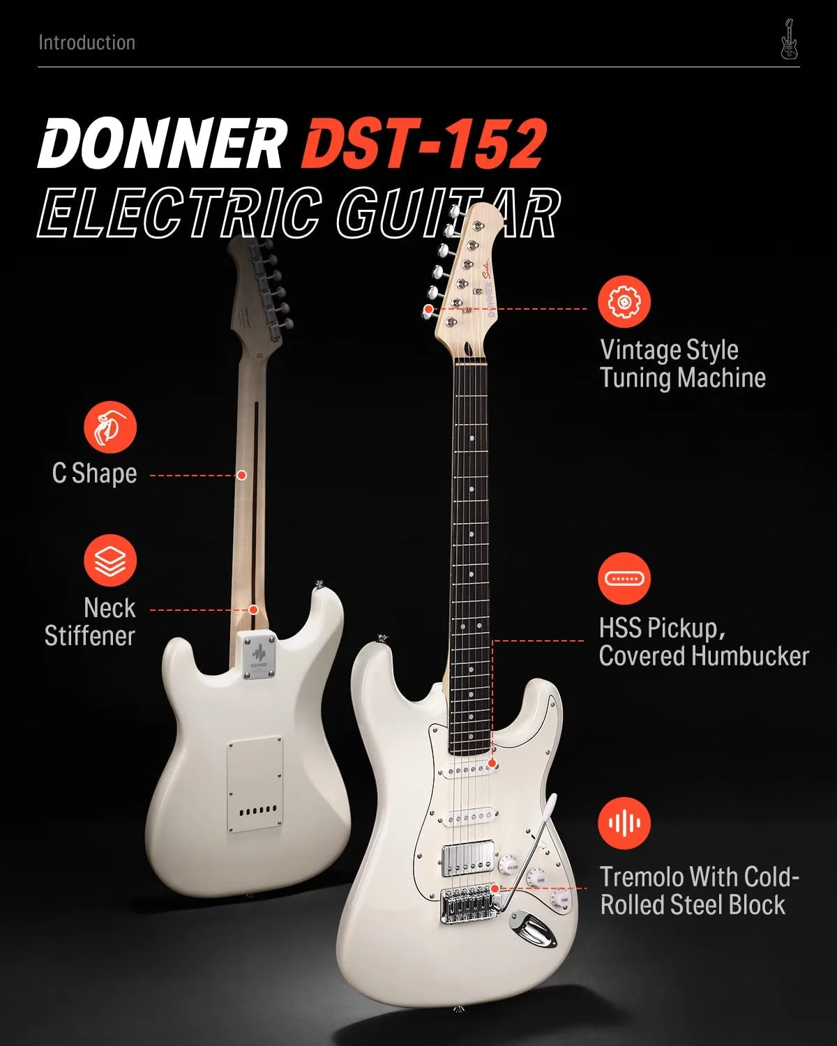 Donner Electric Guitar, 39" Beginner Guitar HSS Pickup Coil Split Polar with Kits White DST-152