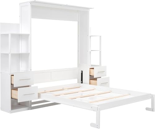 MERITLINE Queen Murphy Bed with Storage Drawers,LED Lights and Shelves,Wood Murphy Wall Bed Cabinet for Adults (White)
