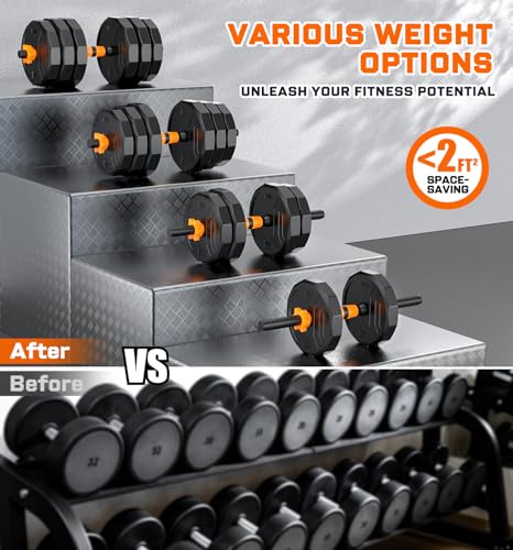 5-in-1 Adjustable Dumbbell Set, 33/44/66/88lbs Free Weights Set with Connector, Used as Kettlebells, Barbell, Push up Stand, Standard 1" Plates