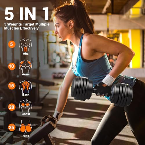 Adjustable Dumbbells Set of 2, 1-Sec Adjustable Weights Dumbbells Set, 5 in 1 Free Dumbbell with Anti-Slip Texture Handle