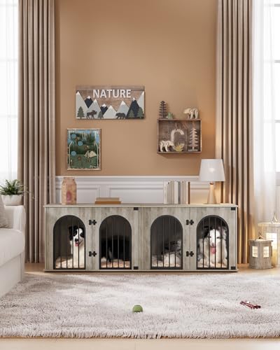 71" Dog Crate Furniture for 2 Dogs, Heavy Duty Indoor Dog Kennel TV Stand, XXL Wooden Dog Cage with Divider for Medium Large Dogs