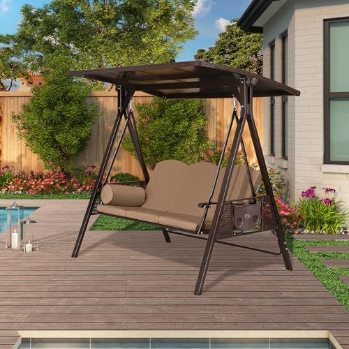 PURPLE LEAF Outdoor Patio Porch Swing with Adjustable PVC Canopy, 3-seat Swing Chair Bench with Side Cup Holder for Backyard Front Porch Lawn