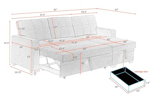 L-Shaped Pull Out Sleep Sofabed,Modern Reversible Sleeper Sectional Sofa Chenille Upholstered Button Tufted Decor with Storage Chaise