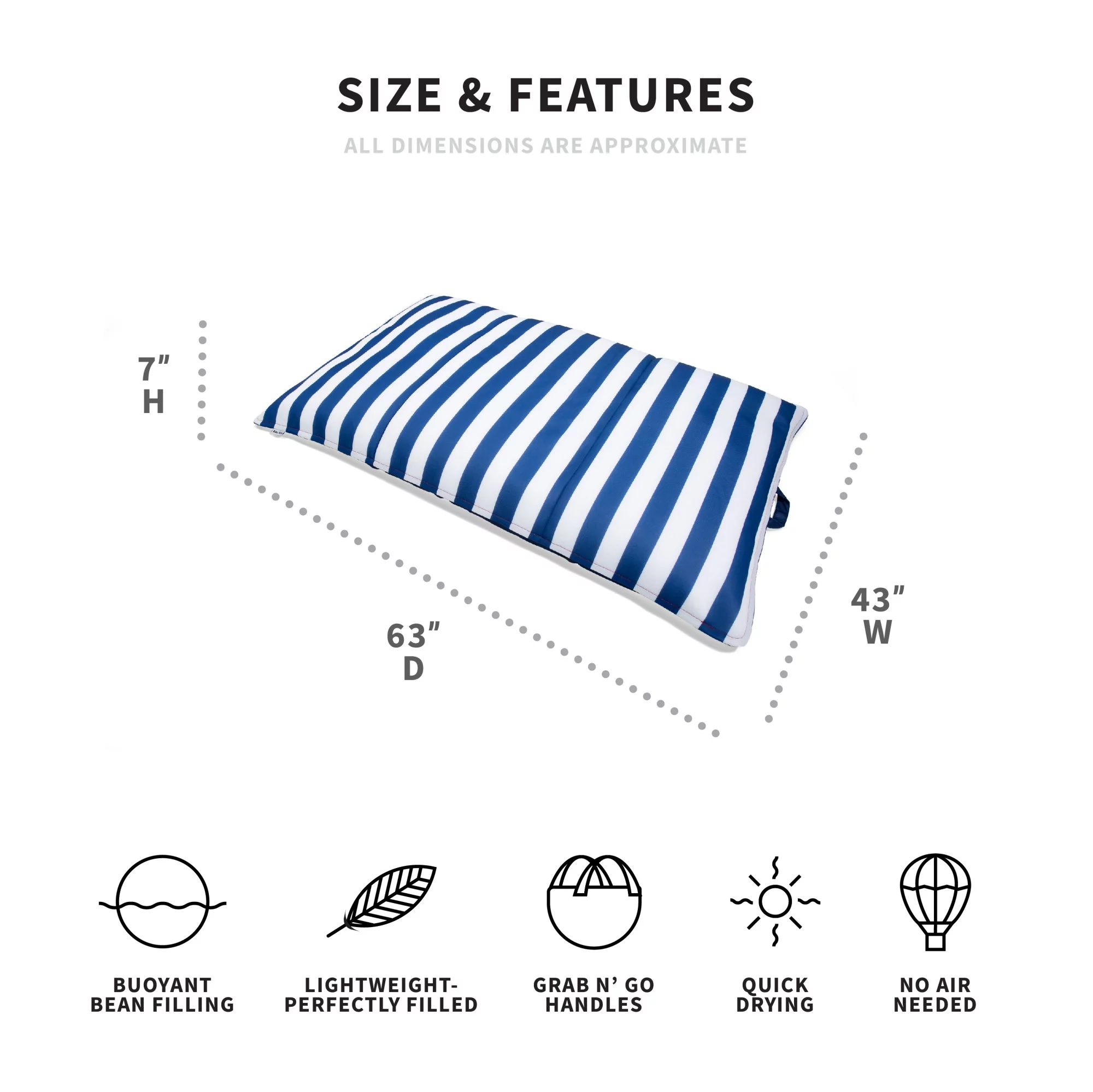 Big Joe Lagoon Lounger No Inflation Needed Pool Float, Americana Nautical Stripe Double Sided Mesh, Quick Draining Fabric, 5 feet Giant