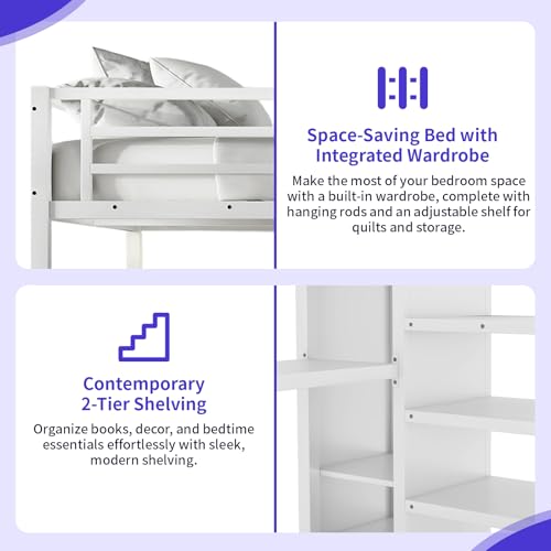 Full Size Metal Loft Bed Heavy-Duty Loft Bed Frame, LED Loft Bed Frame with L Shaped Desk, Wardrobe, Storage Stairs
