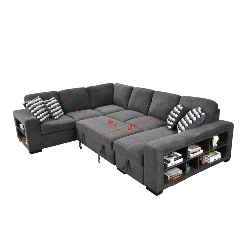 Dolonm 125'' Sleeper Sofa with Pull Out Bed and Storage Chaise Ottoman, U Shaped Sectional Couch with Adjustable Headrest and Stools for Living Room