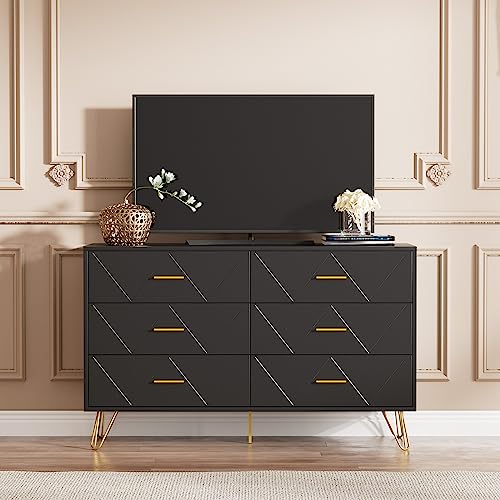 LYNSOM White Dresser, Modern Dresser for Bedroom, 6 Drawer Dressers with Wide Drawers and Metal Handles