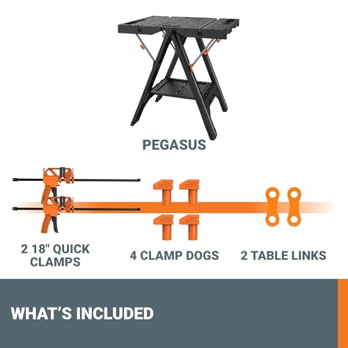 Worx Pegasus 2-in-1 Folding Work Table & Sawhorse, Easy Setup Portable Workbench