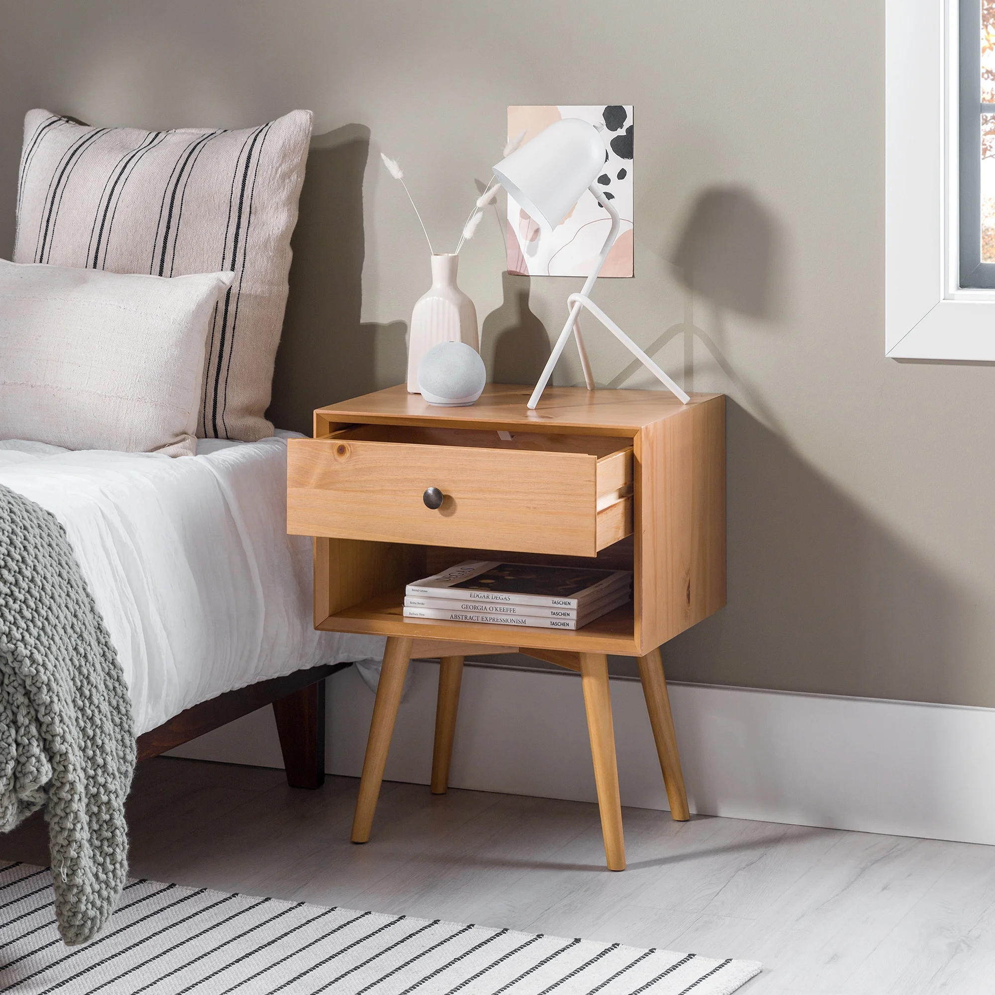 Walker Edison Mid Century Modern 1-Drawer Nightstand, Natural Pine