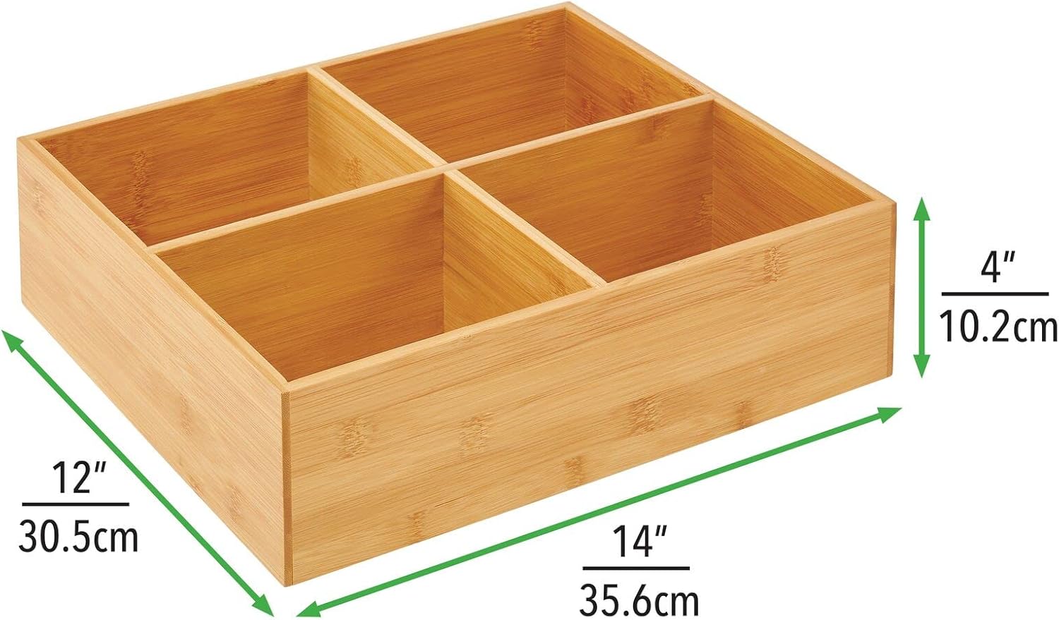 mDesign Bamboo Kitchen Cabinet Pantry Organizer Bin - 4 Divided Sections - Eco-Friendly, Multipurpose - Use in Drawers, on Countertops