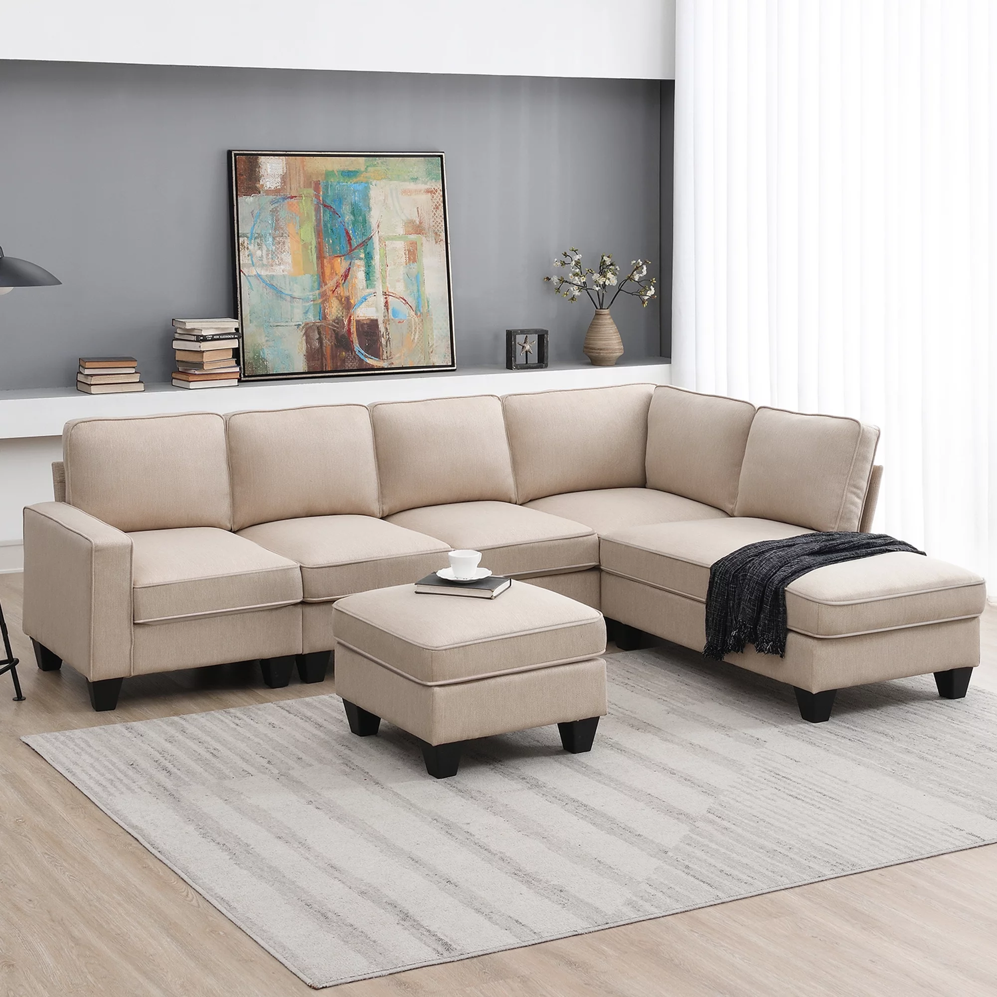 Modern L Shaped Sectional Sofa, 7 Seater Linen Modular Couch with Chaise Lounge and Convertible Ottoman for Living Room Office - Radiant Selections