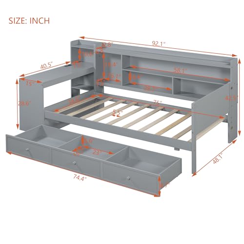 Bellemave Twin Corner Bed Frame with Storage Shelves and Desk, Wood Twin Size Daybed with Bookcase and Drawers and Storage, Gray