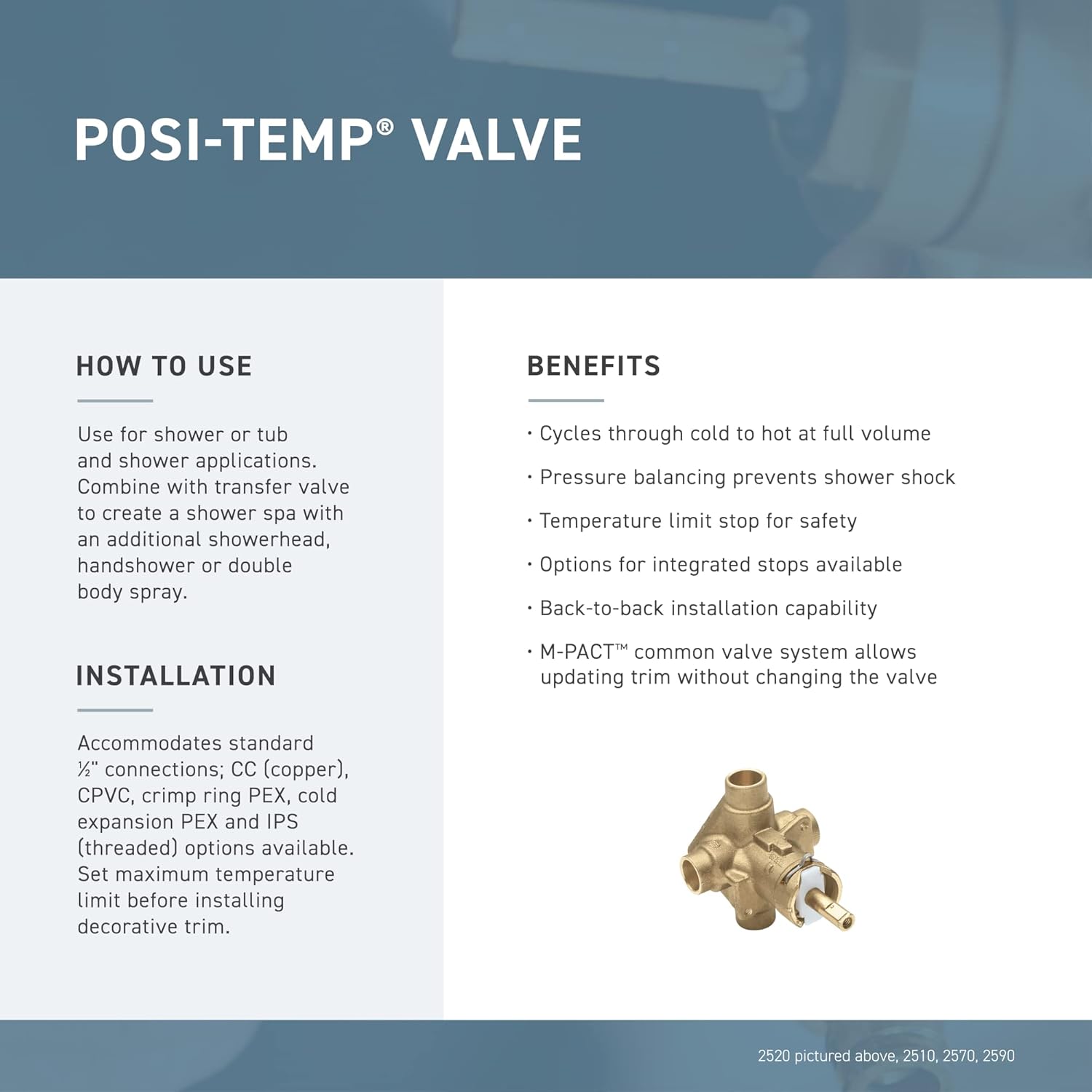 Moen 2520 Posi-Temp Pressure Balancing Shower Rough-In Valve, 1/2-Inch CC Connection
