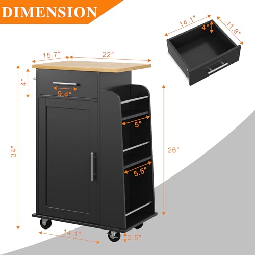 Shintenchi Rolling Kitchen Island Cart with Folding Drop Leaf Breakfast Bar, Portable Trolley Island with Large Storage Cabinet, Shelf and Drawer