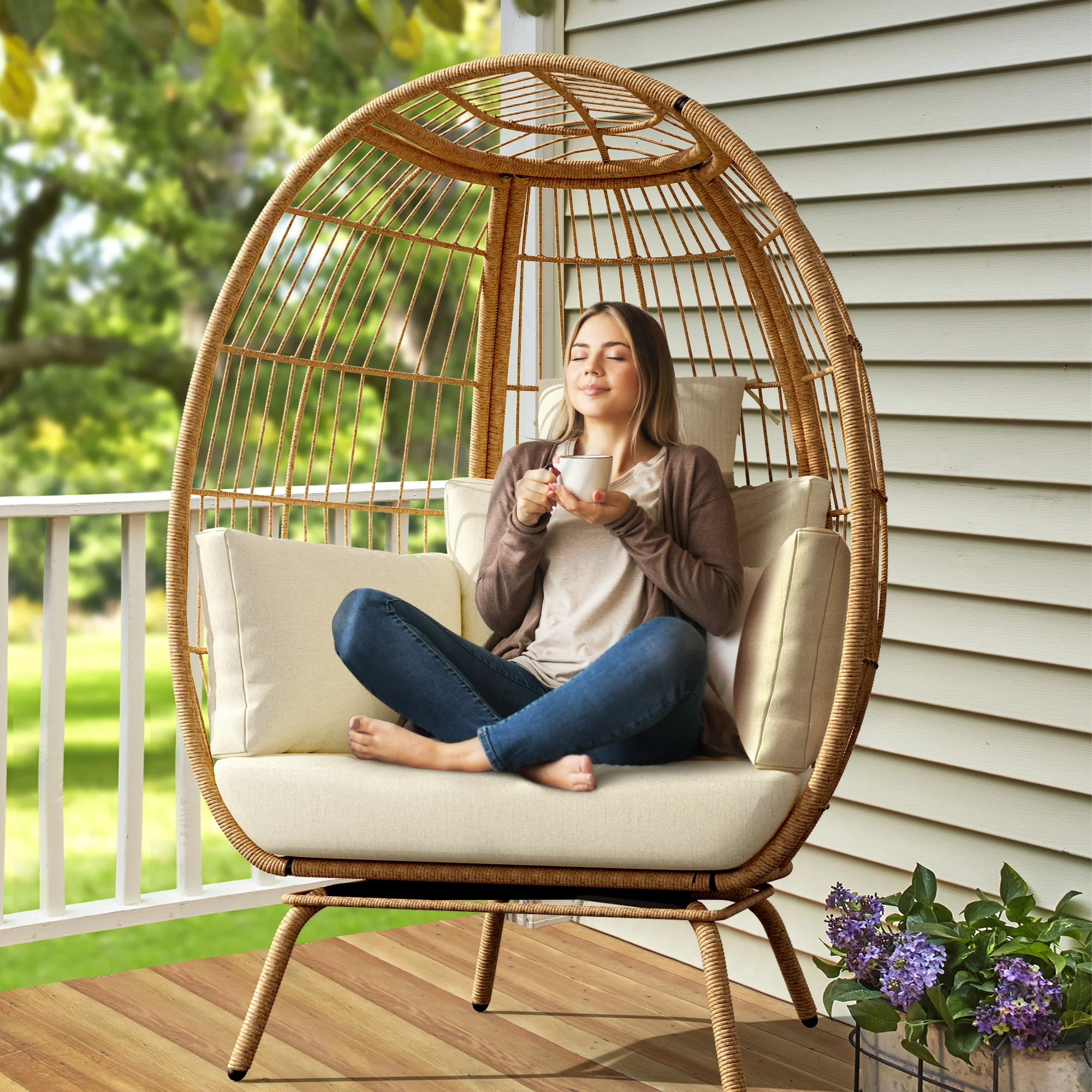 DWVO Wicker Egg Chair, Oversized Indoor Outdoor Lounger for Patio, Backyard, Living Room, Beige - Radiant Selections