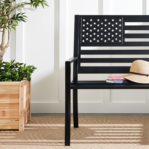 Best Choice Products Outdoor Bench 2-Person Steel Indoor/Outdoor Bench for Garden, Patio, Porch, Entryway w/American Flag, 790lb Capacity – Black