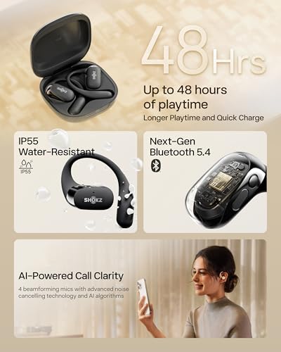 SHOKZ New OpenFit 2 Open-Ear Headphones, True Wireless Bluetooth Earphones with Microphone, Earhook Earbuds with 48 Hours of Playtime, Fast Charging