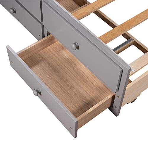 Full Size Storage Bed with Bookcase Headboard and Trundle, Wood Platform Bed Frame with Charging Station