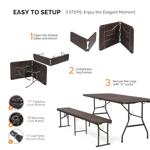 VINGLI Picnic Table Set with 2 Benches, 6 Feet Camping Table Chair Set,3-Piece Folding Furniture for Indoor or Outdoor Use, Smooth Tabletop, White