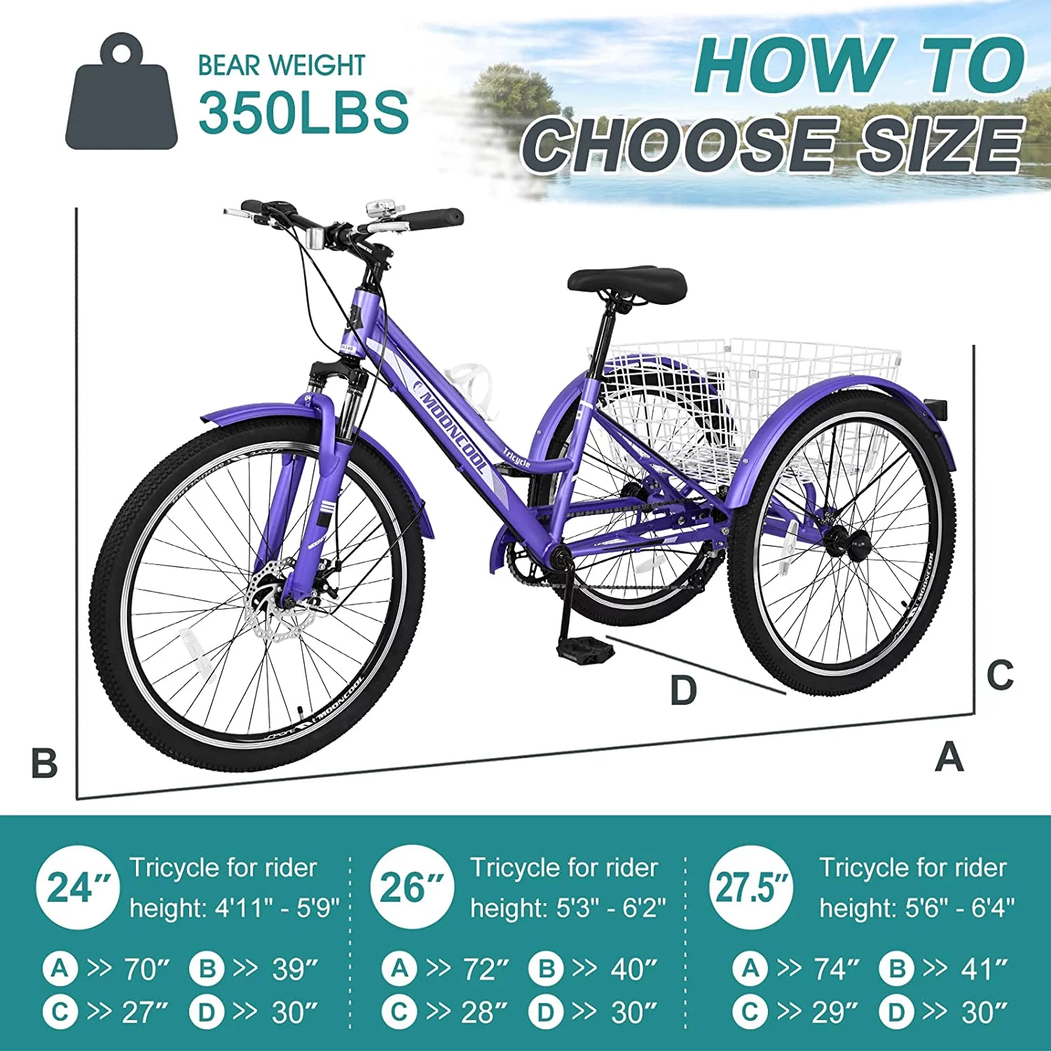 Mooncool Adult Mountain Tricycle, 7 Speed Three Wheel Bike, 24/26/27.5 Inch Adults Trikes for Seniors with Shopping Basket
