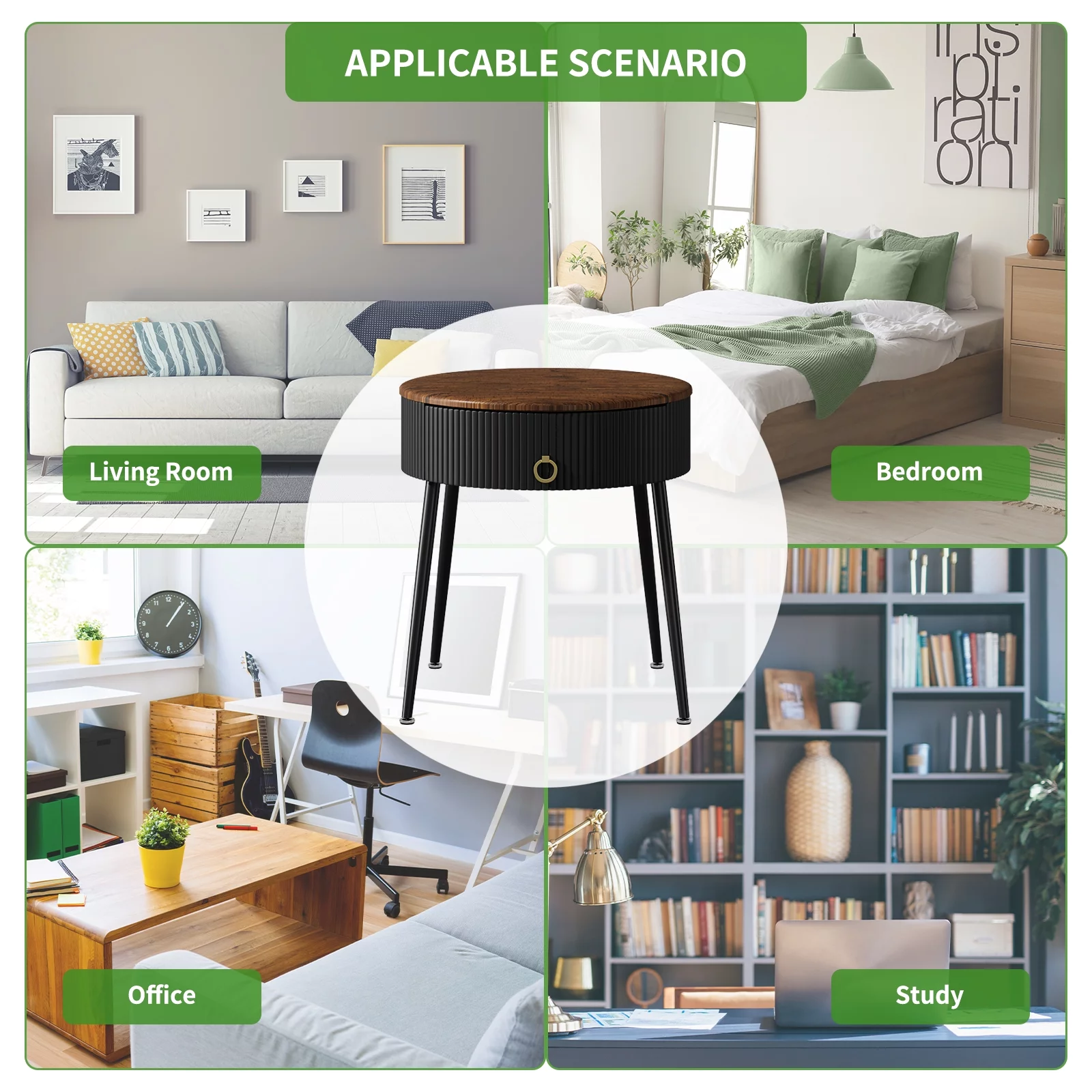 ASYA Black Metal End Table Set of 2, Wood Nightstand Side Table with Drawer, Round Accent Table for Home Living Room Bedroom, 20.63''H