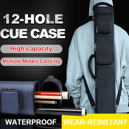 12-Hole Premium Nylon Pool Cue Case – Holds 8 Shafts & 4 Butts, Durable Double Shoulder Strap Design with 3 External Pockets (Black/Blue)