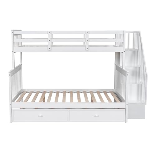 Ball & Cast Full Over Full Bunk Bed with Twin Size Trundle and Built in 4 Drawer,Wood Bunkbed w/Storage Ladder & Slat Support