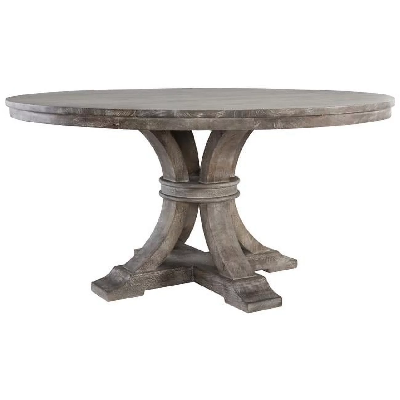 Benjara  60 in. Pedestal Handcrafted Classic Round Wood Dining Table - Gray & Brown