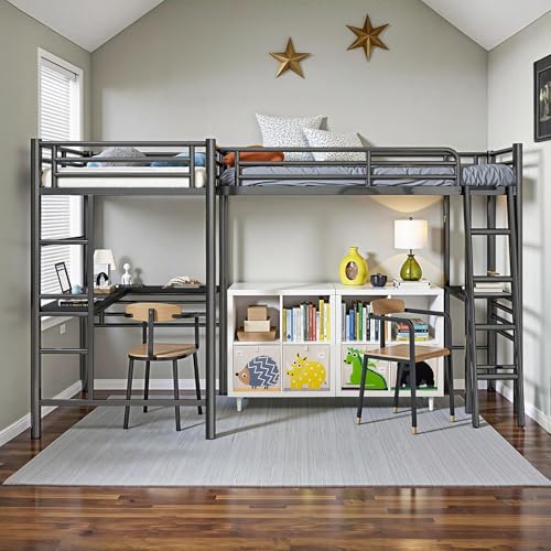 Twin Size L-Shaped Loft Bed with 2 Built-in Desks, Metal Loft Corner Bed with 2 Ladders and Safety Guard Rail