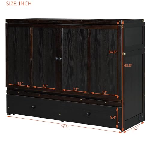 Harper & Bright Designs Queen Size Murphy Bed Cabinet, Solid Pine Wall Bed Chest with USB