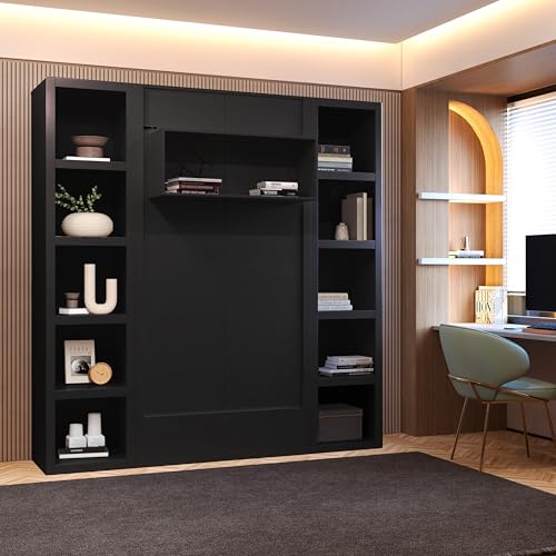 Oakland Living Easy-Lift Queen Murphy Wall Bed in Brown Wood Grain with Two Bookshelves