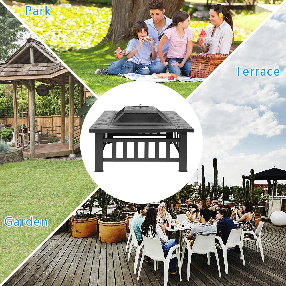 UBesGoo 32 Wood Burning Firepit Garden Square Fire Pit Stove Fire Bowl Patio Firepits Outdoor Black