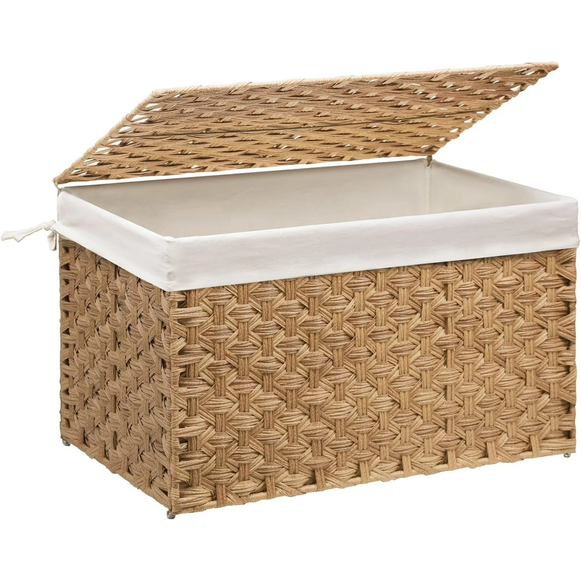 Wicker Storage Basket with Lid, 17.2 Gallon (65L) Small Blanket Basket with Lid, Woven Storage Bin with Handles, Removable Liner, Metal Frame