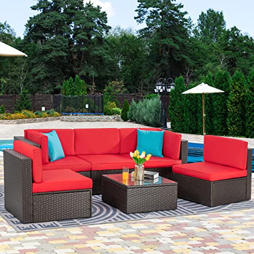 Vongrasig 6 Pieces Outdoor Patio Furniture Set, PE Wicker Rattan Sectional Sofa Patio Conversation Sets with Coffee Table for Garden, Backyard