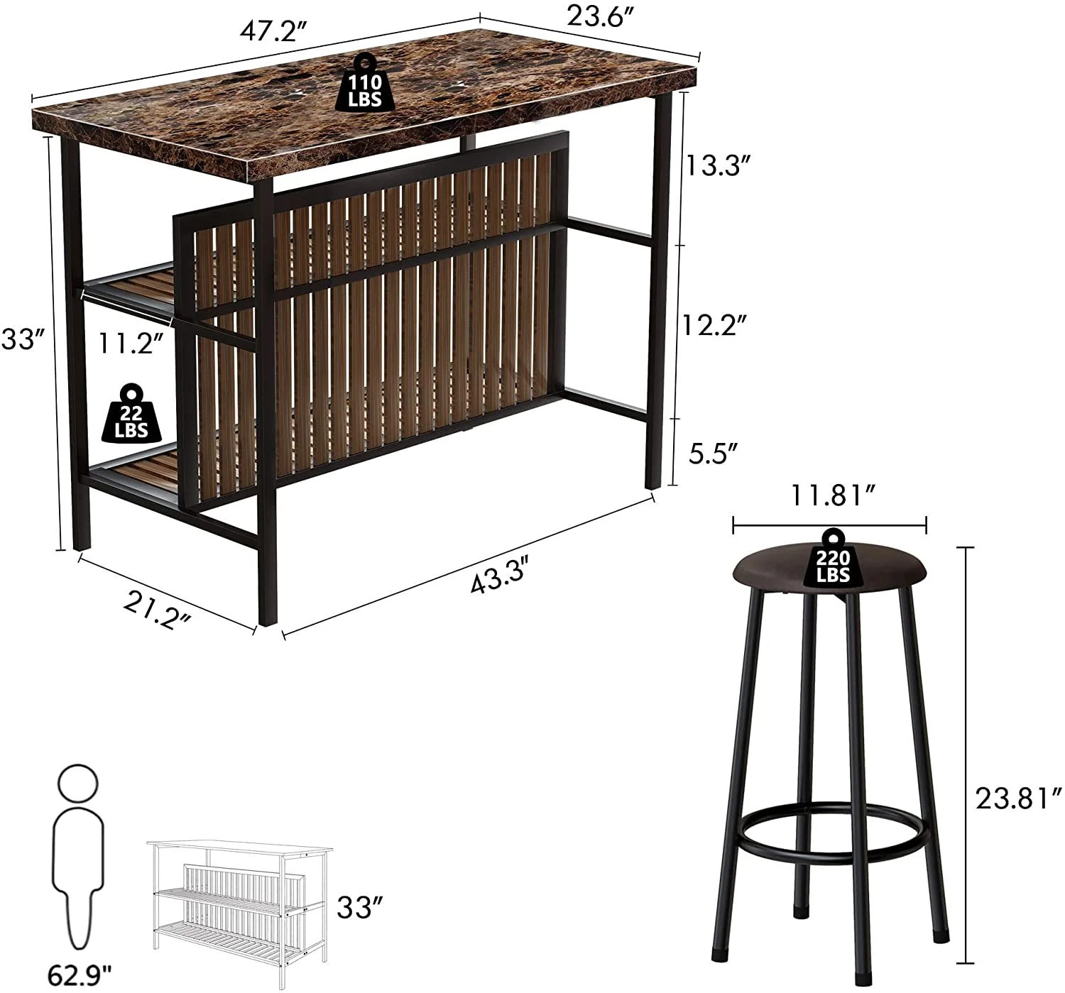 tantohom 3-Piece Home Bar Dining Table Set, 47 inch Bar Height Table and Chairs with Top Artificial Marble and 2-Layer Storage Shelf
