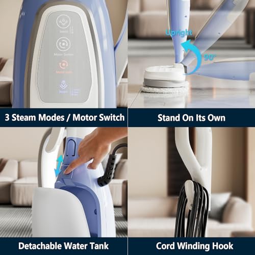 Steam Spin Mop, Floor Scrubber Steam Mop for Hard Floors Deep Cleaning, 2 Washable Mop Pads for Wood Hardwood Laminate Vinyl Tile Marble Floors