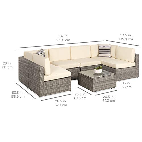 Best Choice Products 7-Piece Modular Outdoor Sectional Wicker Patio Conversation Set w/ 2 Pillows, Coffee Table, Cover Included - Gray/Navy