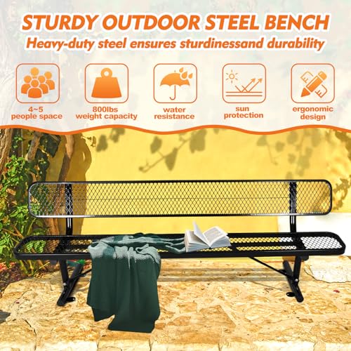 8FT Heavy Duty Park Bench with Back Portable Frame, Outdoor Metal Park Bench with Backrest, Steel Mesh Outdoor Bench for Garden, Lawn, Patio, Porch