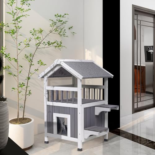 GEGURI Outdoor Cat House Weatherproof, Wooden Two-Story Feral Cat Shelter with Openable Roof, Escape Door, Balcony