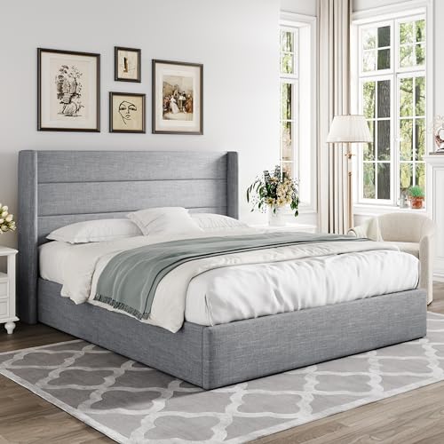 Allewie Full Size Lift Up Storage Bed, Modern Wingback Headboard, Hydraulic Support, No Box Spring Needed, Light Beige